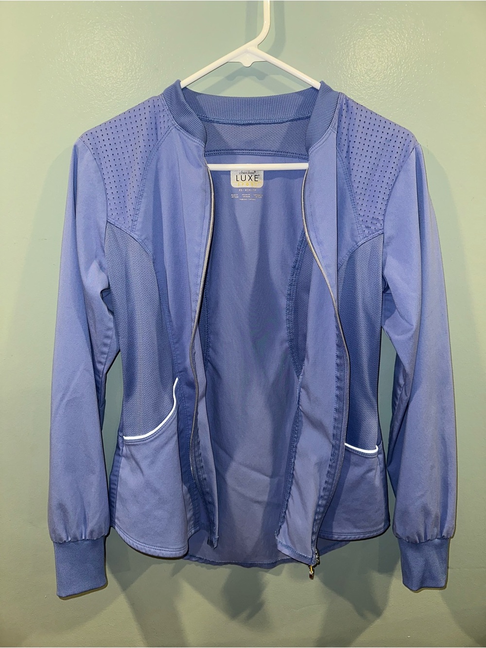 Luxe Perforated Light Blue Athletic Bomber Jacket